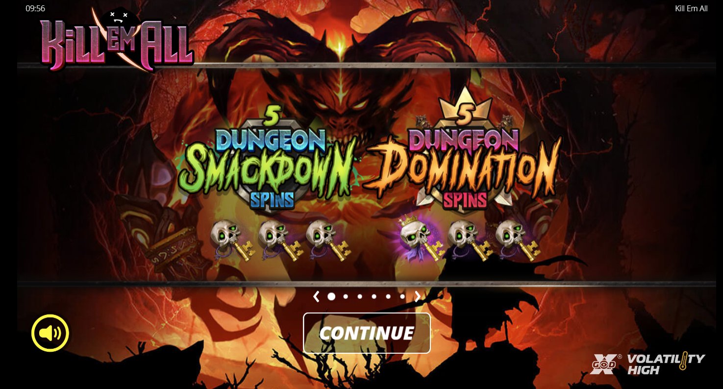 Dungeon Smackdown and Domination Spins intro screen in Kill Em All showing scatter keys and demon boss