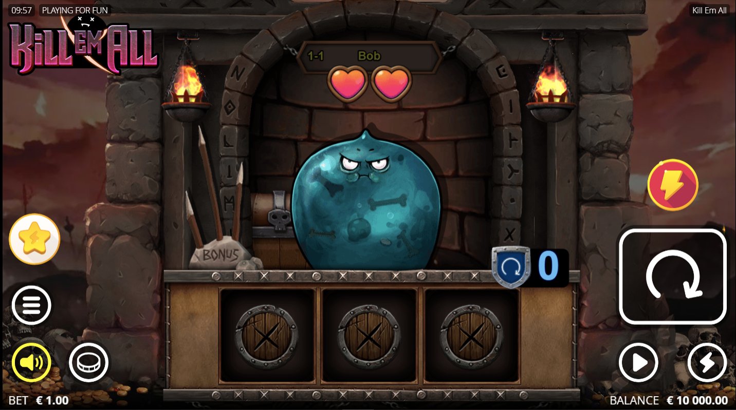 Kill Em All base game showing Bob the first monster with 2 hearts on 3x1 grid